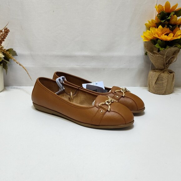 Aerosoles Big Ben Buckle Ballet Flats 11W Cognac Faux Leather Diamond Flex Sole - Picture 1 of 9